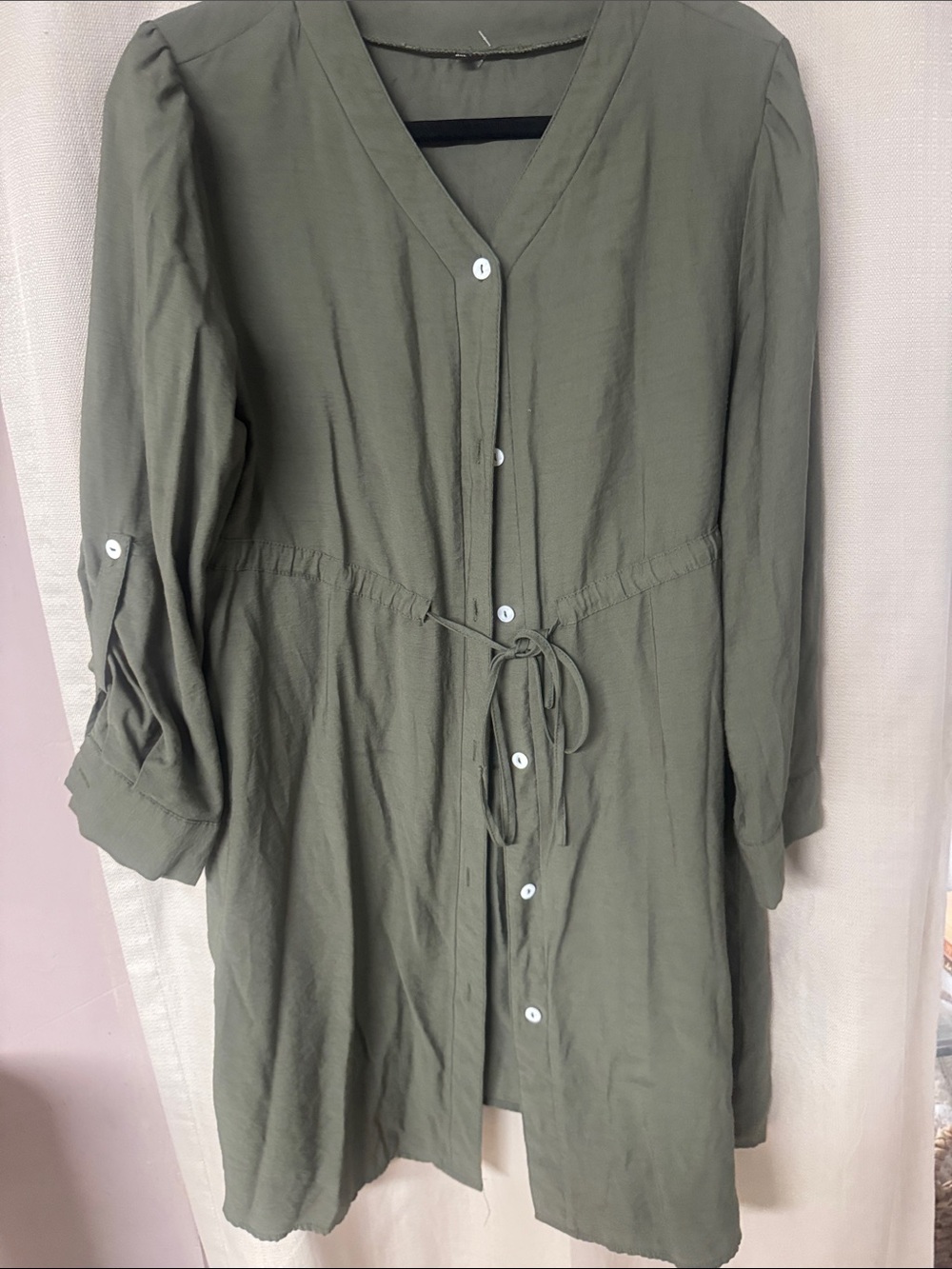 Olive Button-Front Women's Tunic Dress with Waist Tie